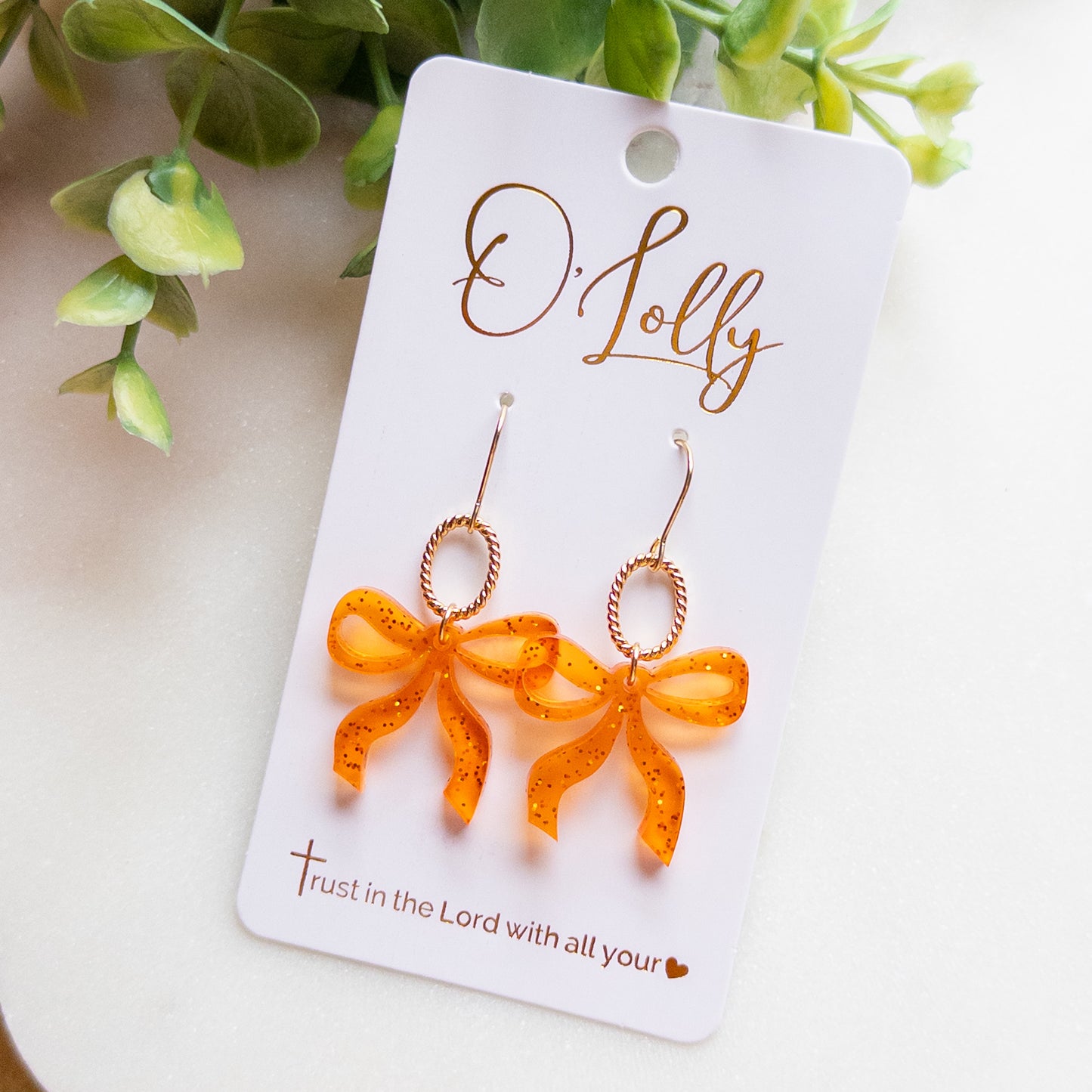 Orange Glitter Bow & Gold Oval Drop Earrings