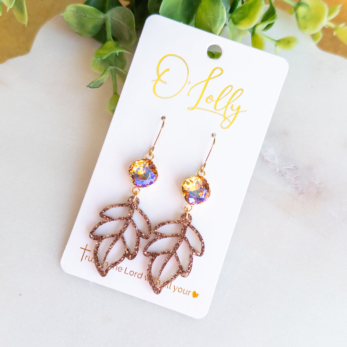Brown Glitter Leaf Dangle Earrings – Sparkling Crystal Accents