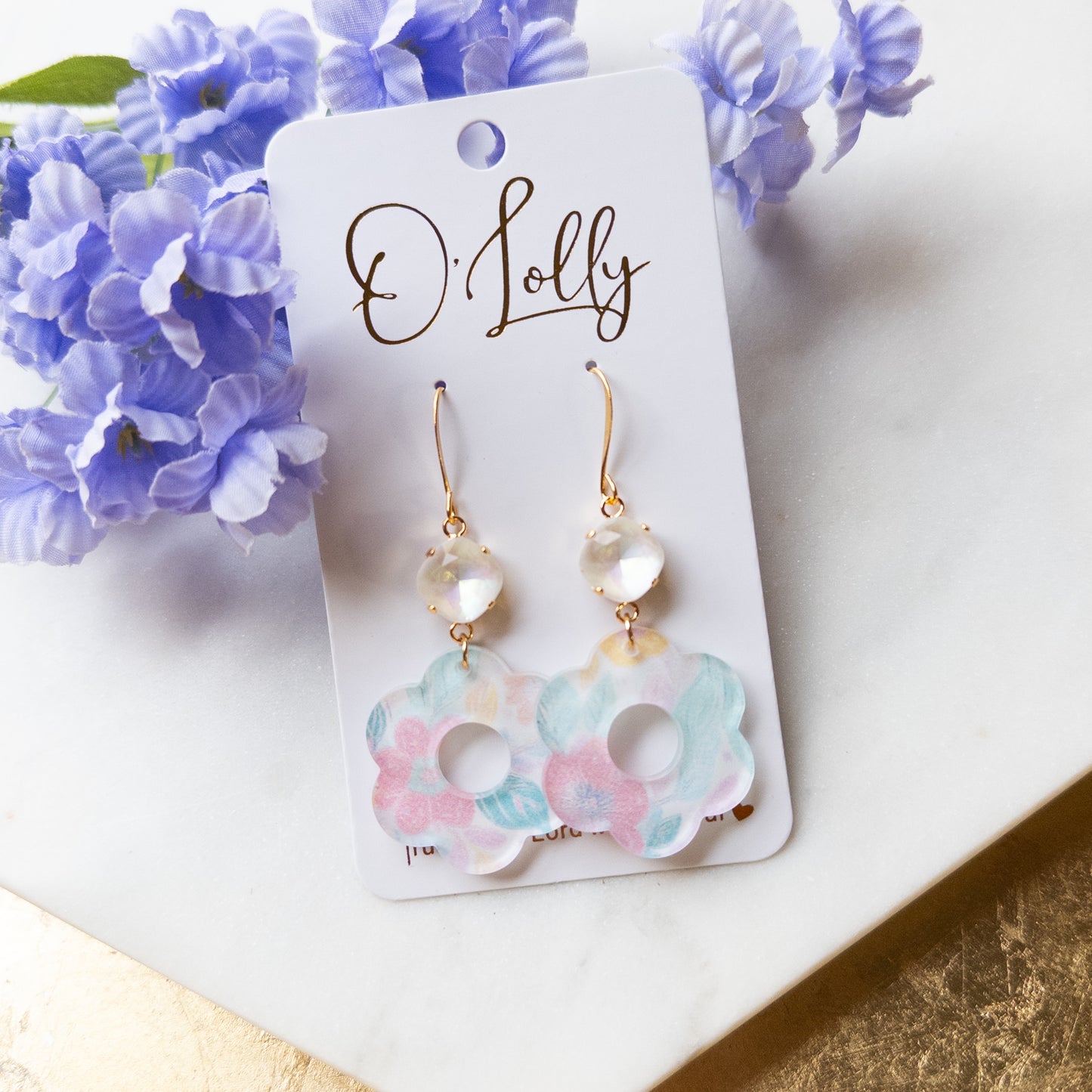 Pastel Acrylic Flower Earrings w/White Stone- “Petal”