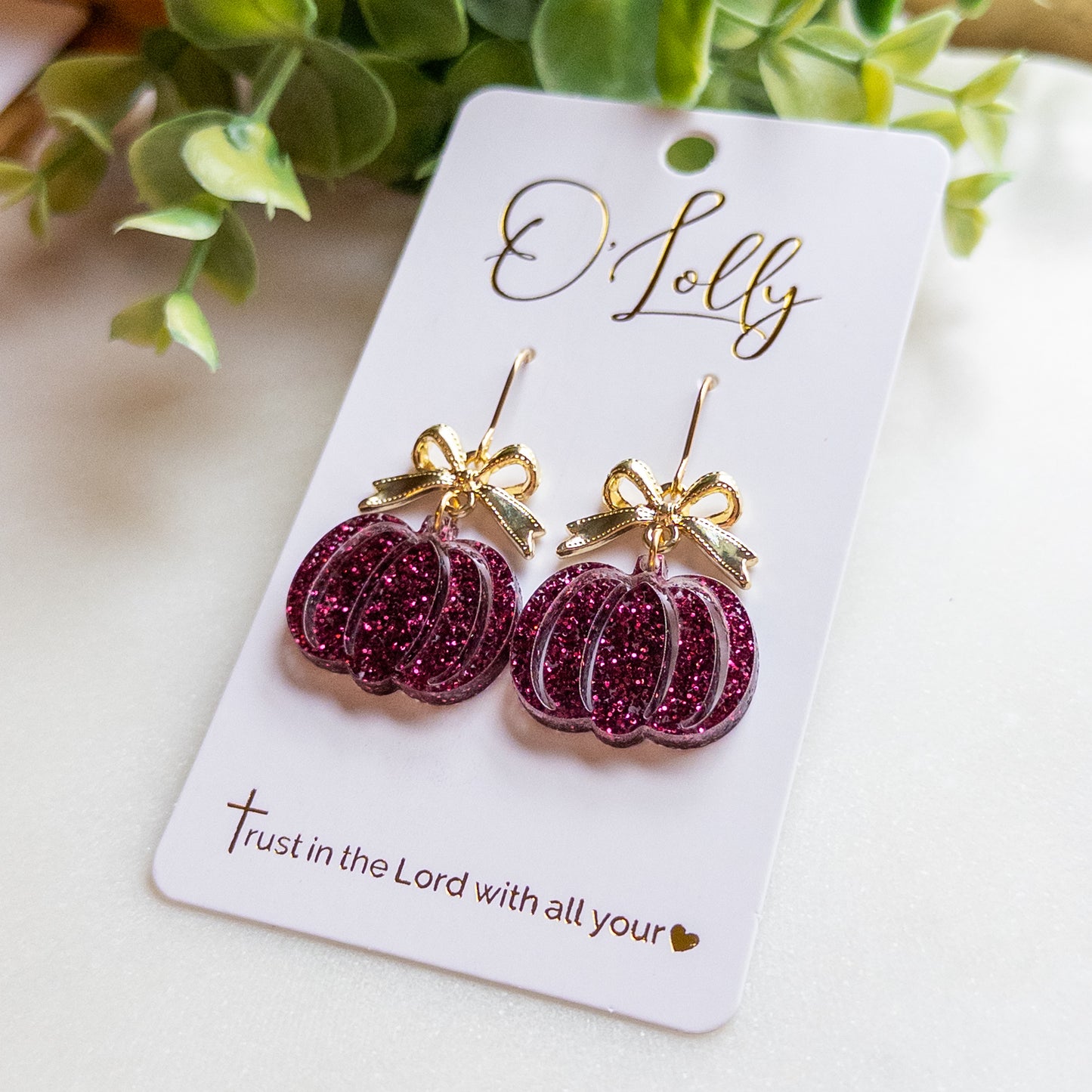 Maroon Glitter Pumpkin & Gold Bow Drop Earrings “Autumn Rae”