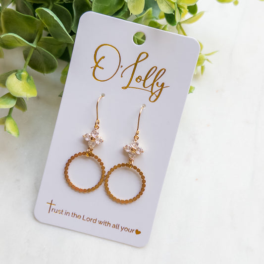 Cubic Zirconia Flower Connector w/Textured Shaped Small Hoop Dangle Earrings “Dru”