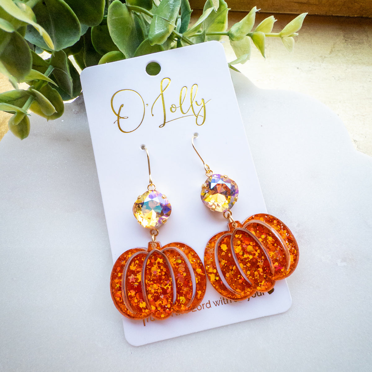 Orange Glitter Pumpkin Dangle Earrings – Sparkling Crystal Accents