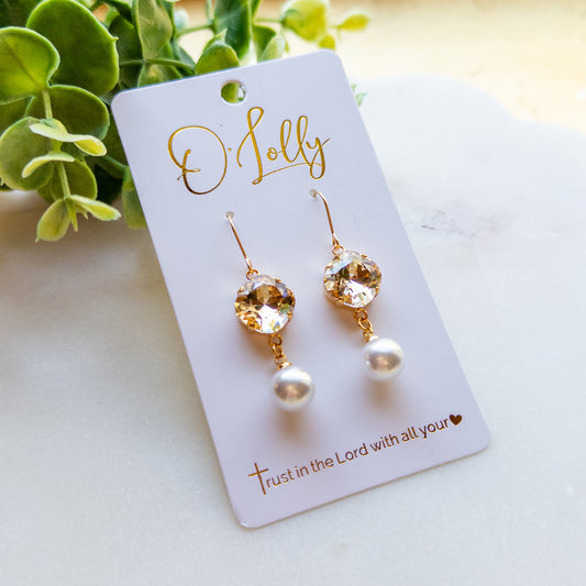 Gold Champagne Crystal Pearl Drop Earrings “Rebecca”