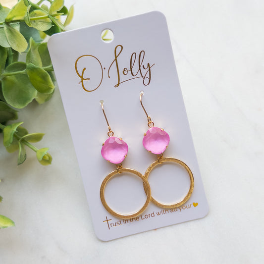 “Bubblegum” Pink Stone w/Gold Textured Hoop Dangle Earrings
