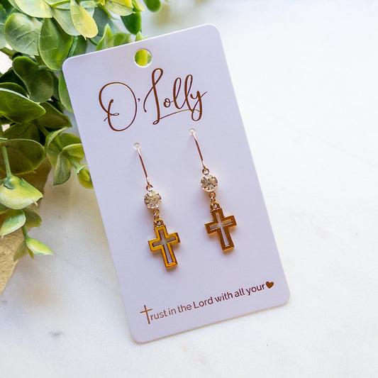 Antique Gold Cross & Crystal Dangle Earrings