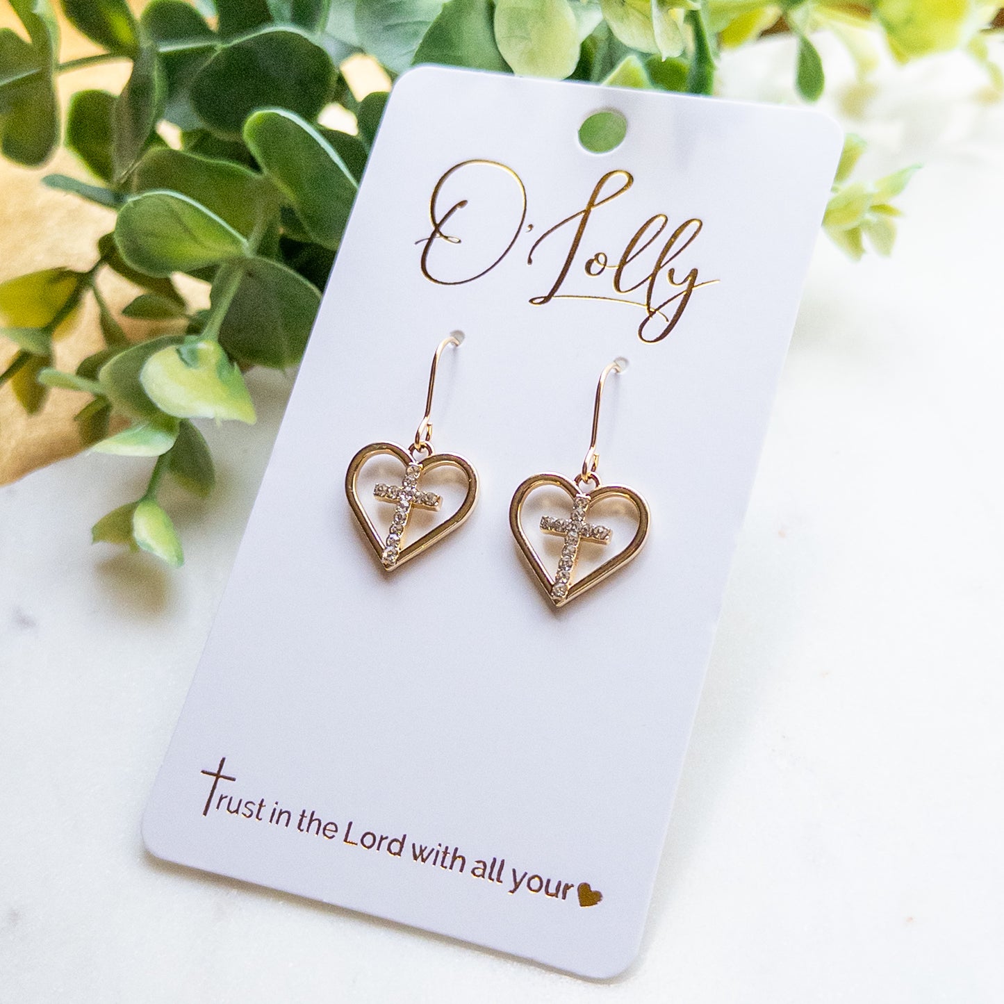 Gold Heart & Rhinestone Cross Earrings