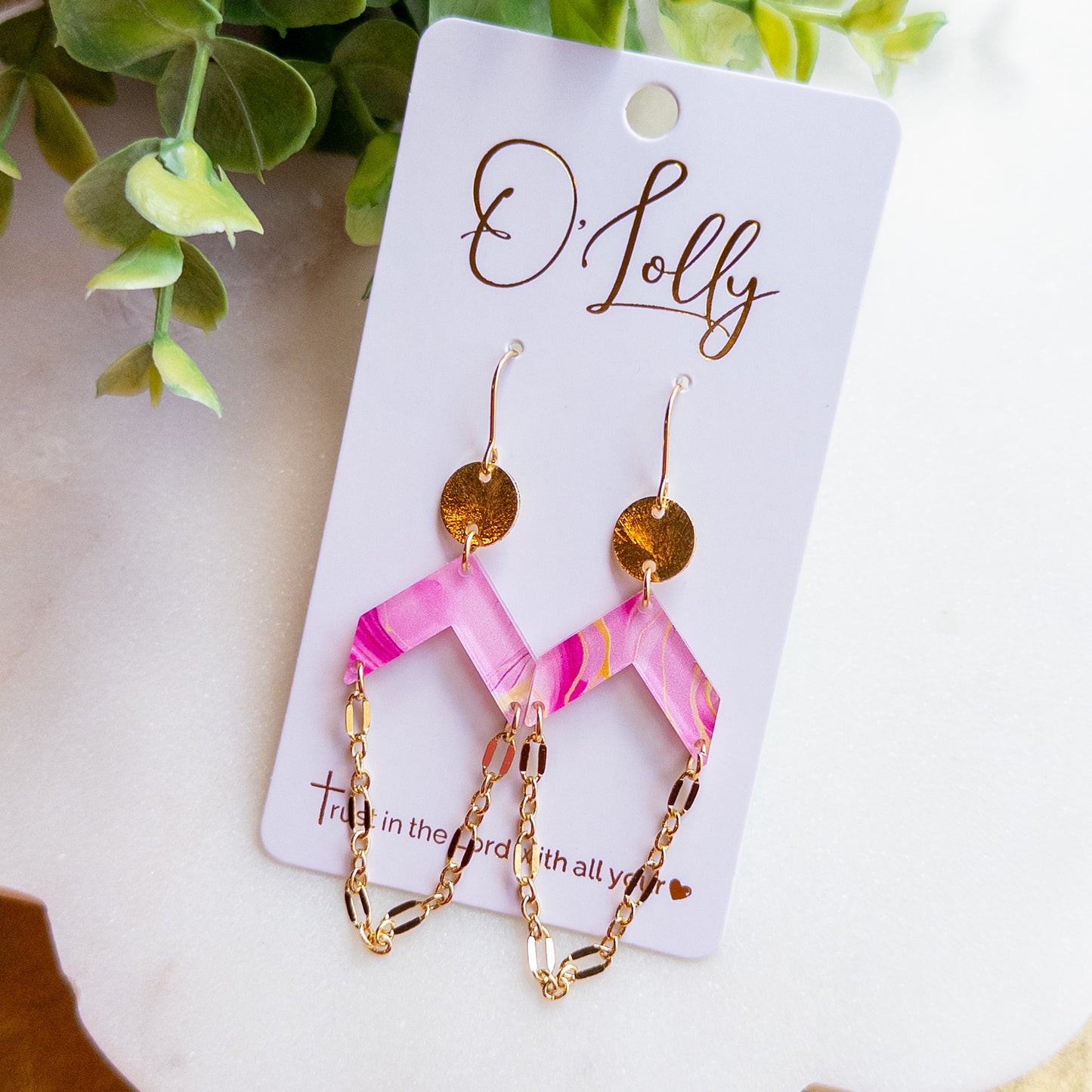 Pink Geo Chain Drop Earrings “Gia”