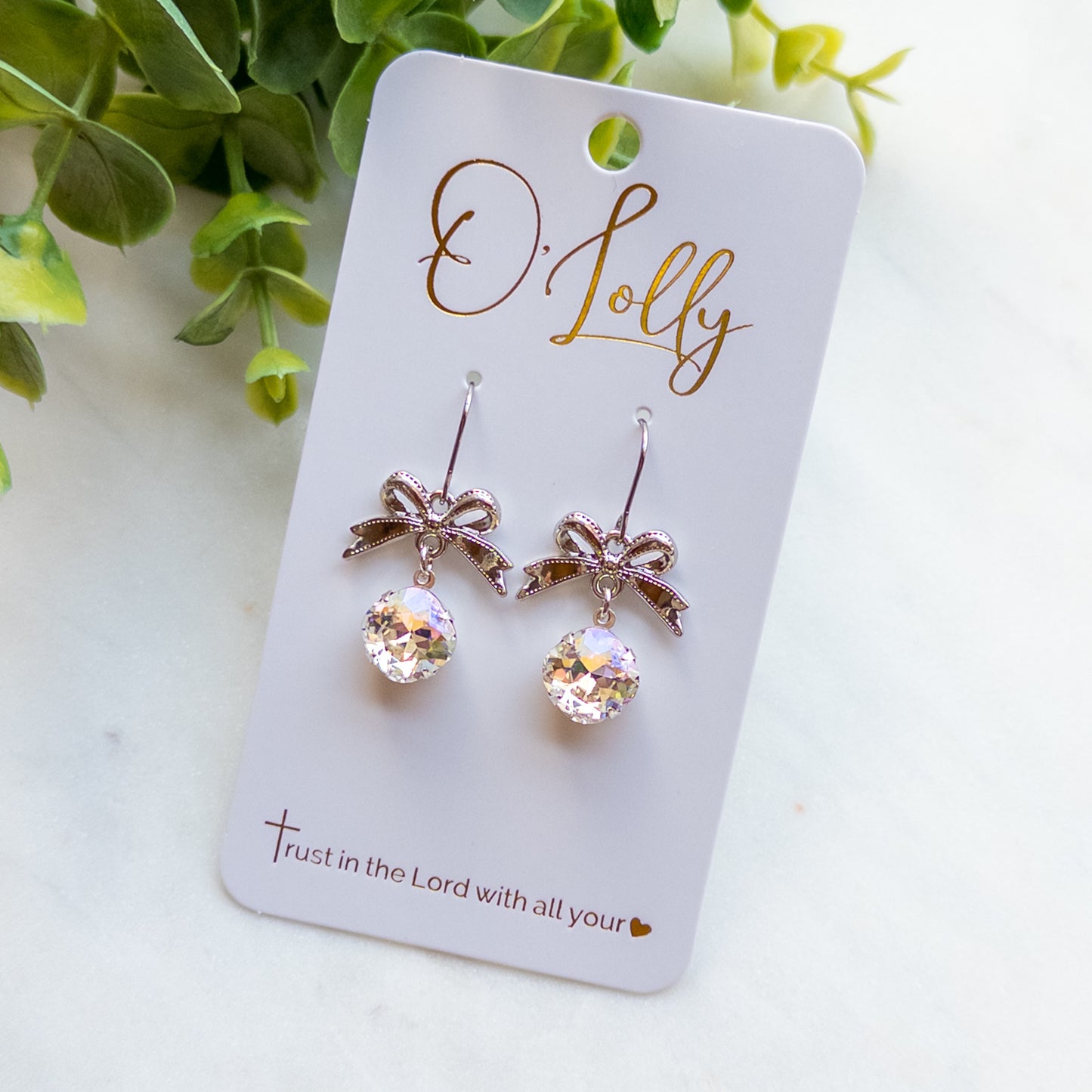Silver Bow w/ML Clear Stone Dangle Earrings “Silvie”