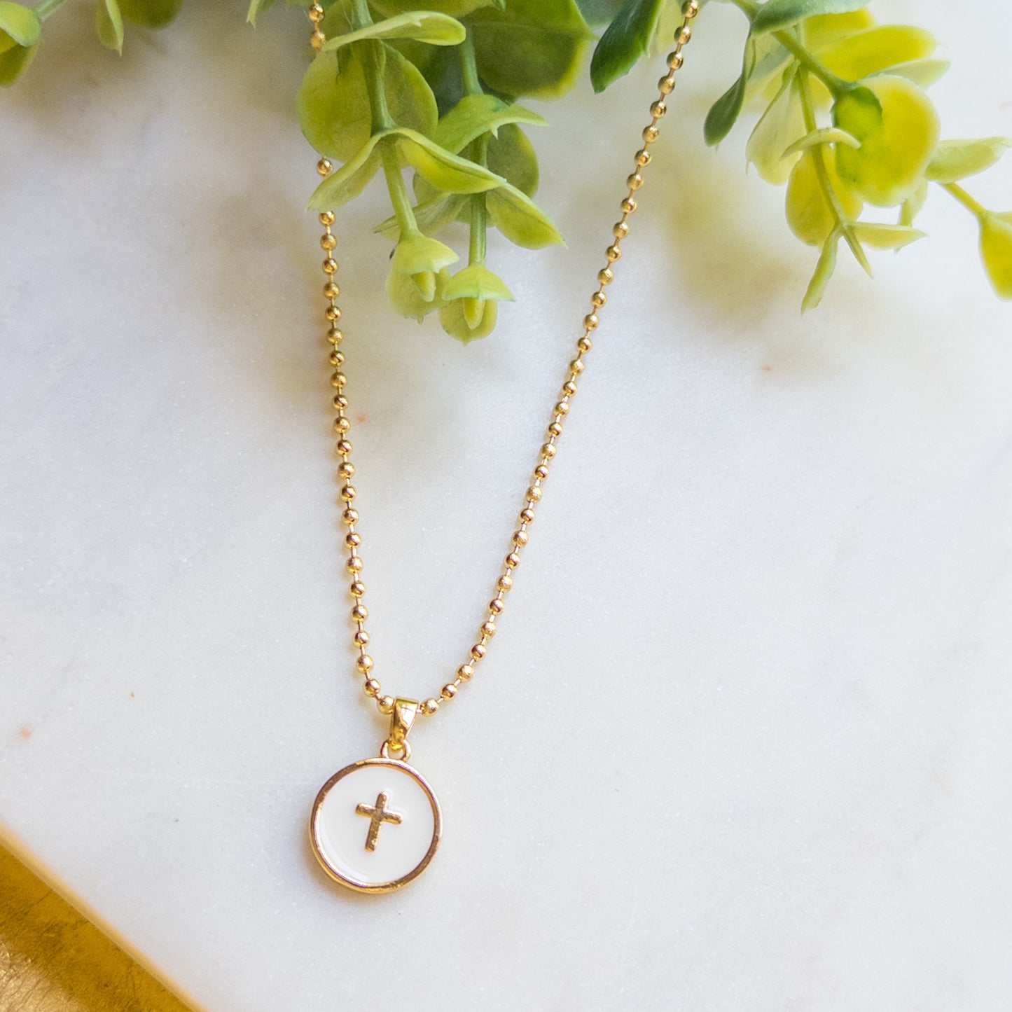 18K Gold Plated Necklace w/White Disc & Gold Cross