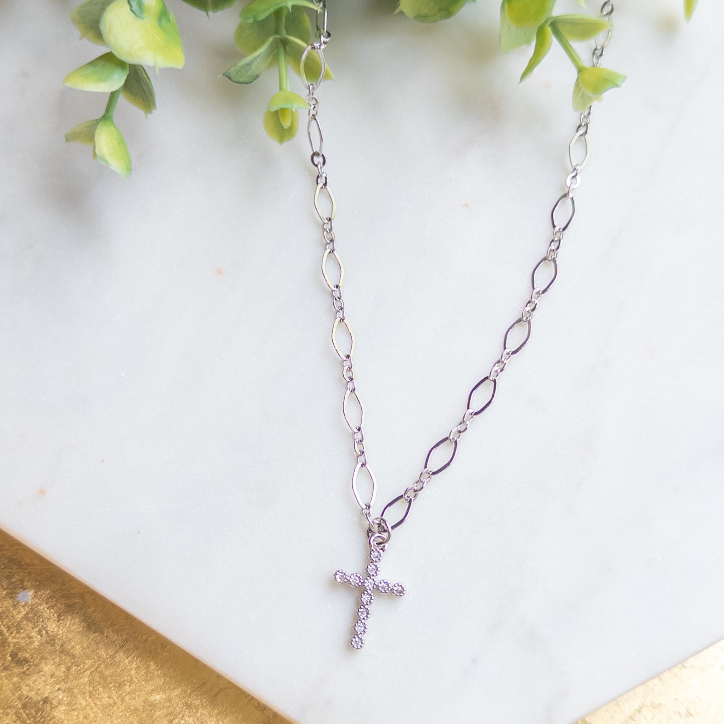 Silver Chain Necklace w/Rhinestone Charm