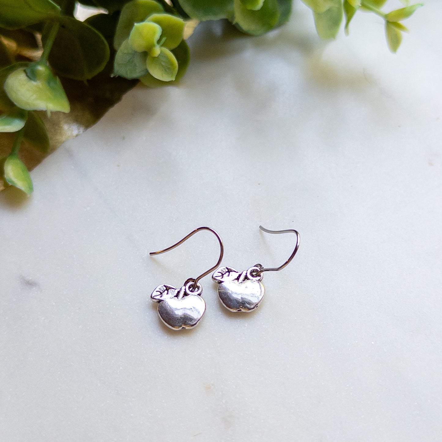 Antique Silver Apple Dangle Earrings – Teacher Earrings – Back to School Jewelry