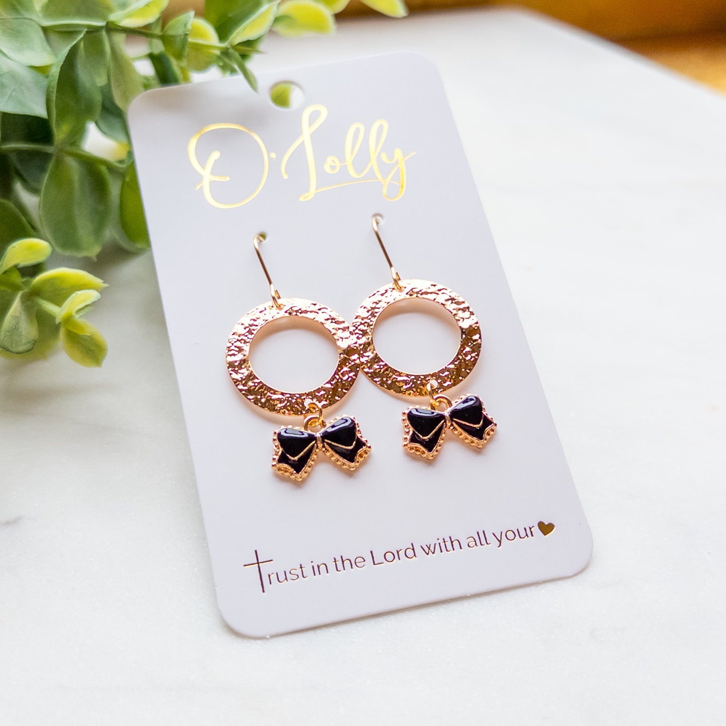 Textured Gold Open Circle w/Black Bow Charm Dangle Earrings “Langley”