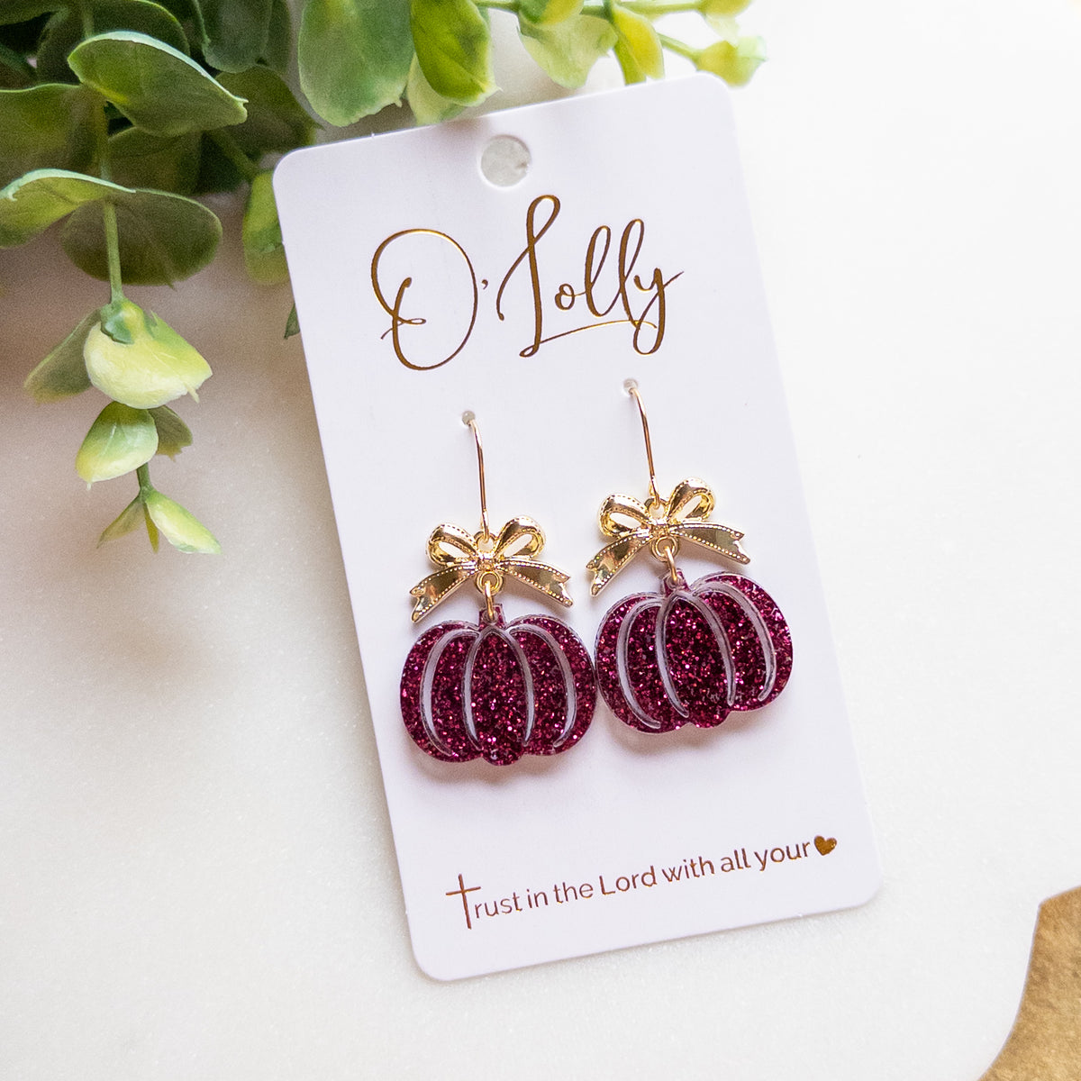 Maroon Glitter Pumpkin & Gold Bow Drop Earrings “Autumn Rae”