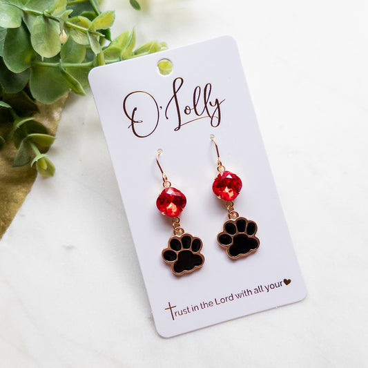 Paw Print Dangle Earrings – Red & Black School Spirit