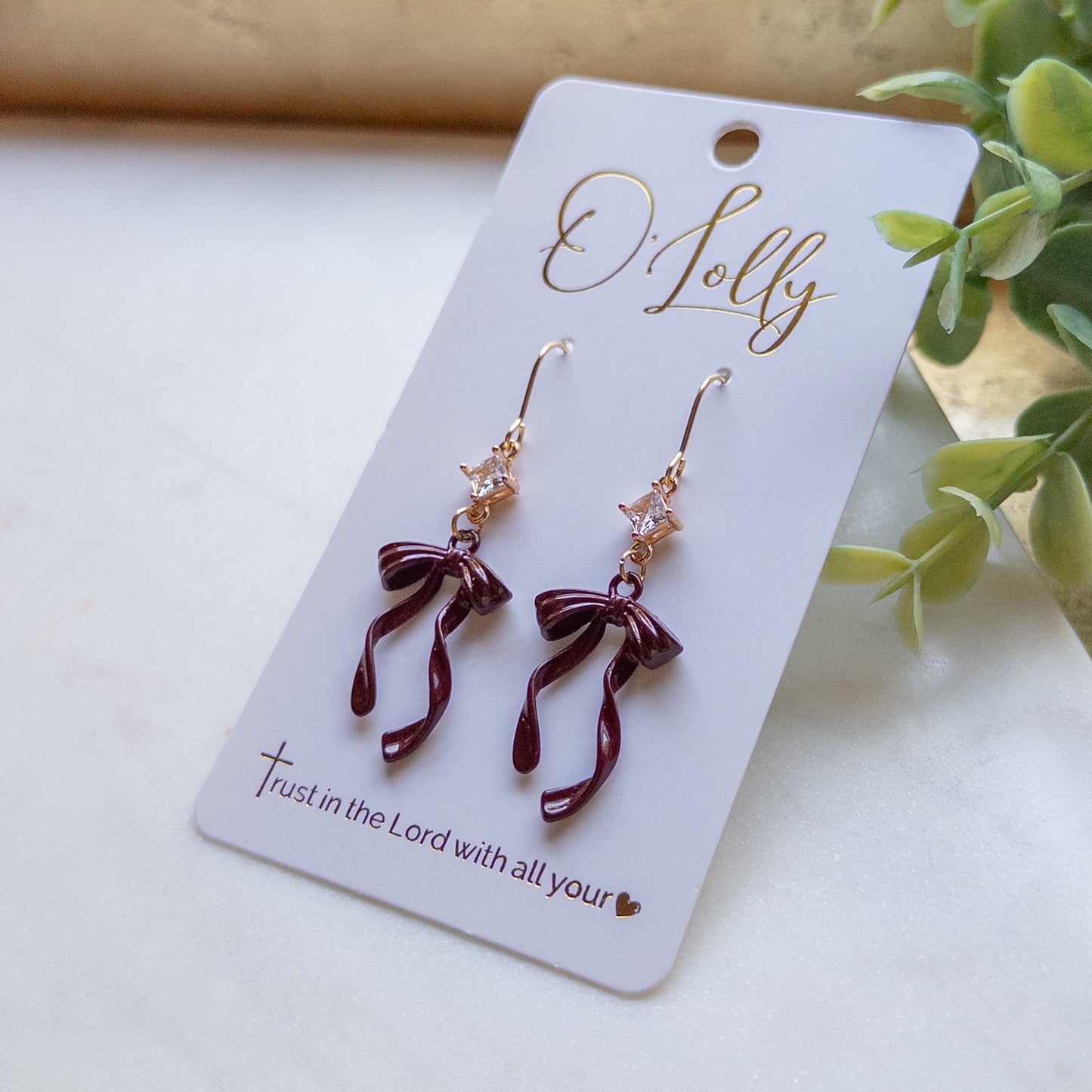 Burgundy Bow Dangle Earrings “Blair”