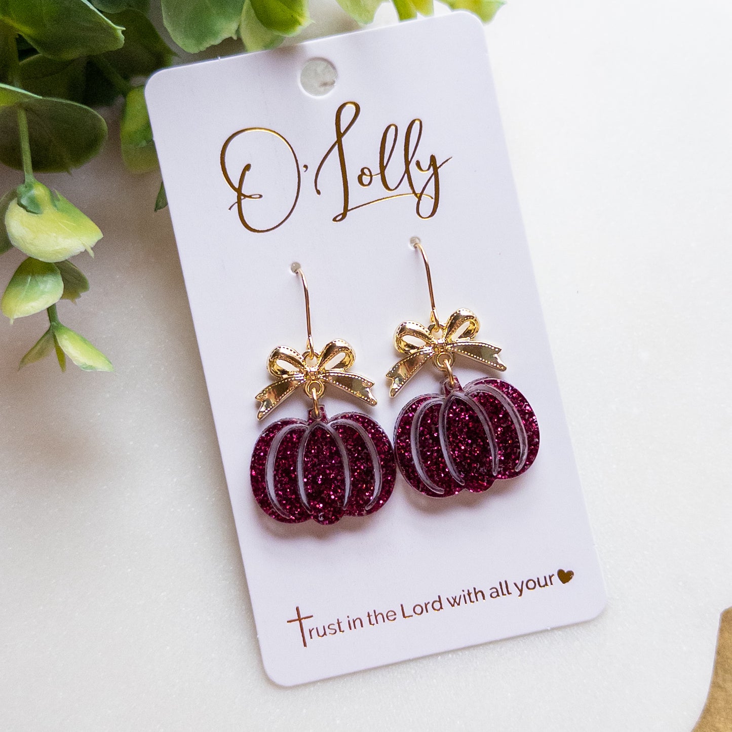 Maroon Glitter Pumpkin & Gold Bow Drop Earrings “Autumn Rae”