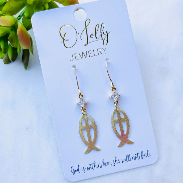 O’Lolly “Haven” Earrings- CZ w/Gold Cross Dangles