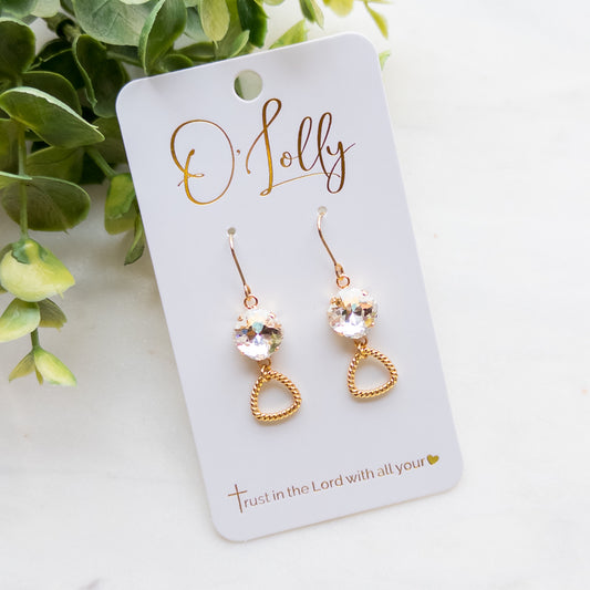 Clear Stone w/Gold Textured Shaped Dangle Earrings - Zoe