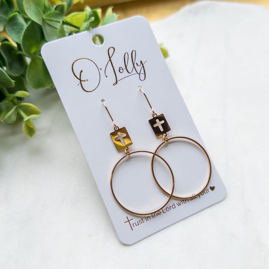 Cross Charm Hoop Dangle Earrings “Bethel”