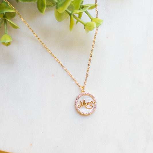 18K Gold Plated Chain w/Gold Rhinestone “Mom” Pearl Shell Pendant Necklace