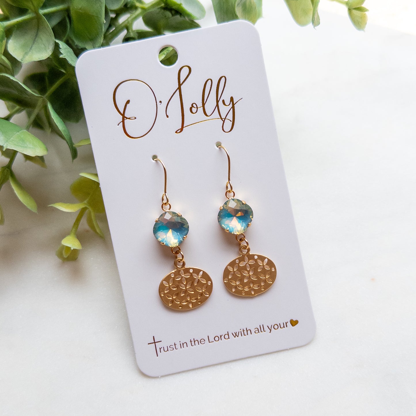 Teal Stone w/Gold Oval Shaped Pendant Earrings