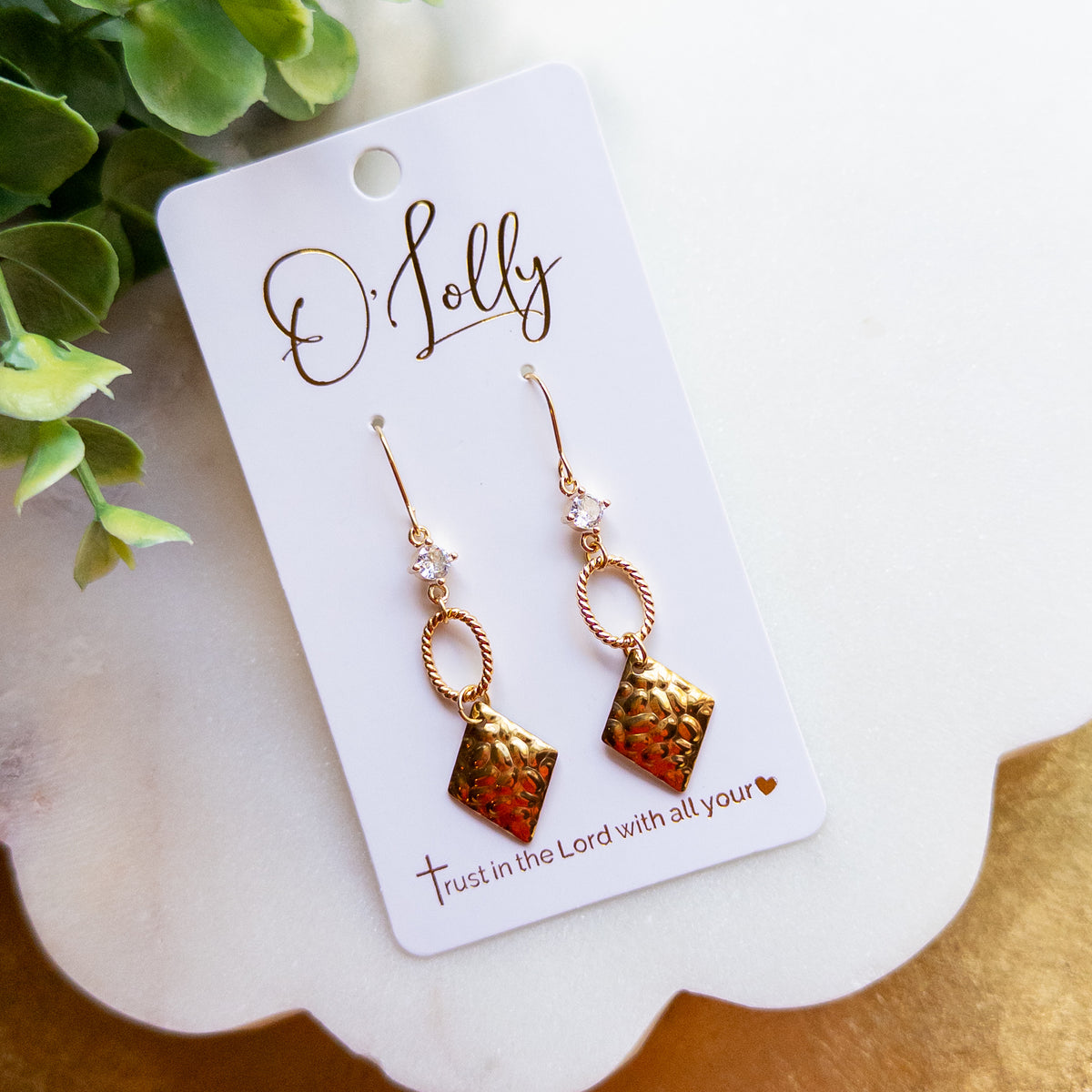 Gold Hammered Diamond Drop Earrings with Crystal Accent