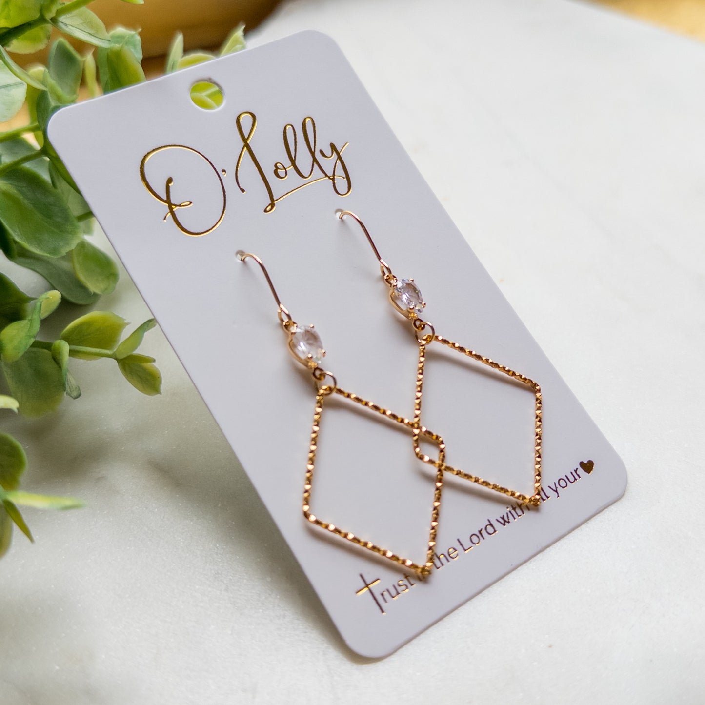 18K Cubic Zirconia Connector w/Gold Plated Textured Rhombus Dangle Earrings “Devin”