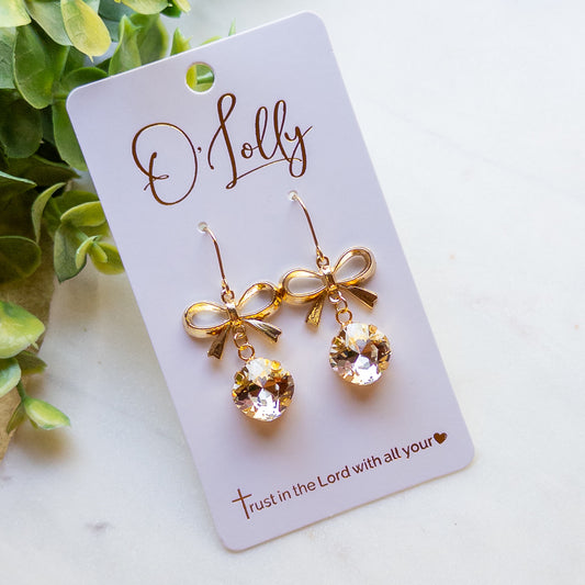 Gold Bow & Crystal Dangle Earrings – Sparkling Bow Earrings “Bonnie”