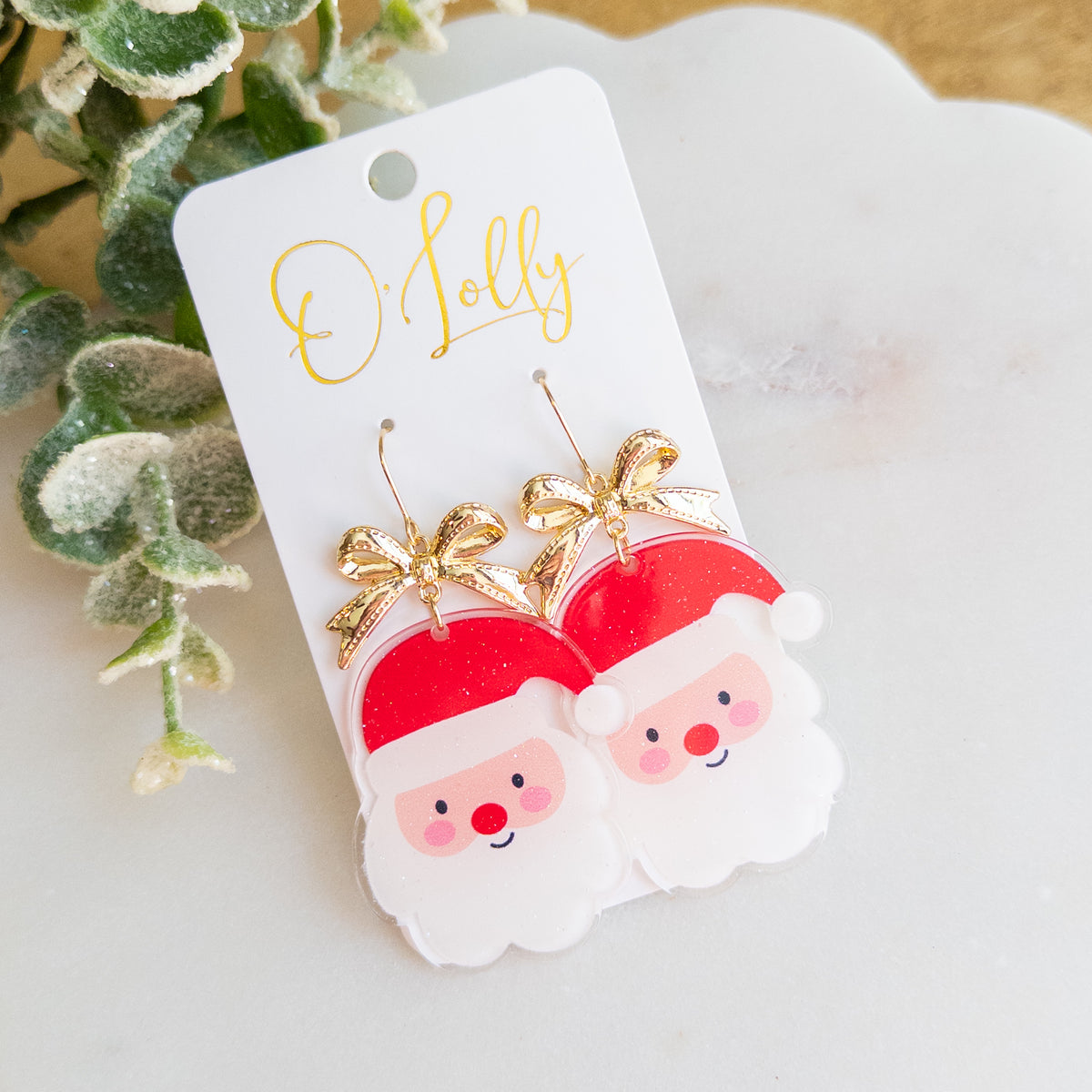 Santa Claus Christmas Dangle Earrings – Glitter Santa Faces with Gold Bows