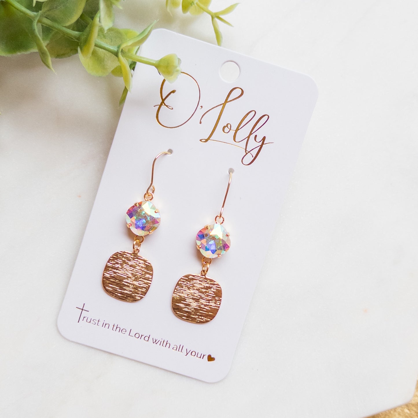 AB Stone w/Gold Textured Square Dangle Earrings “Kinsley”