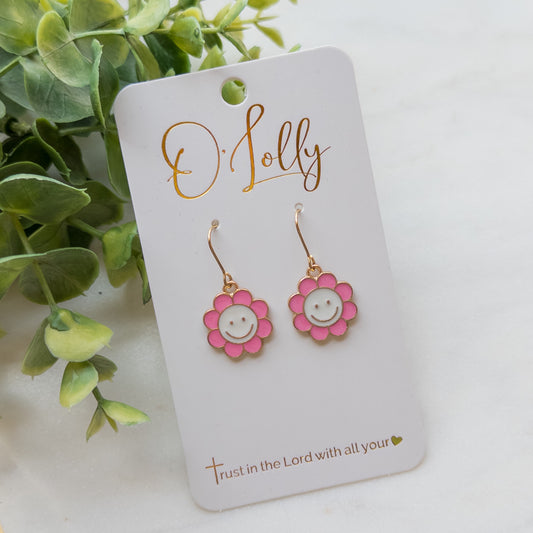 Pink Flower Smiley Mini Earrings