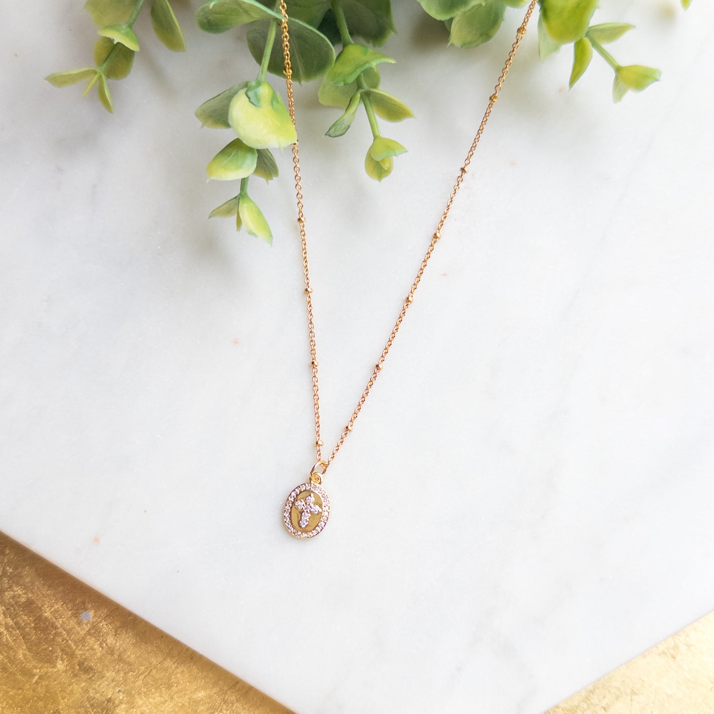 18K Gold Plated Beaded Chain w/Gold Oval Rhinestone Cross Charm Necklace