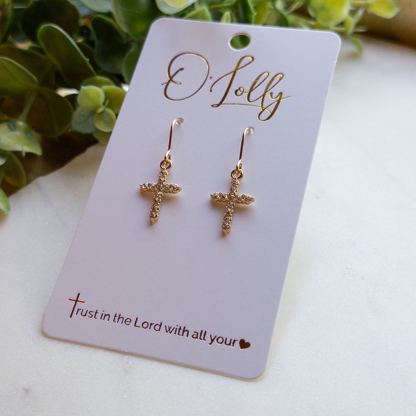 Gold Crystal Cross Dangle Earrings – Rhinestone Cross Earrings “Ruth”