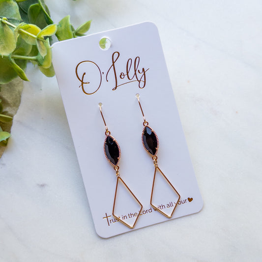 Black Crystal & Gold Open Diamond Earrings