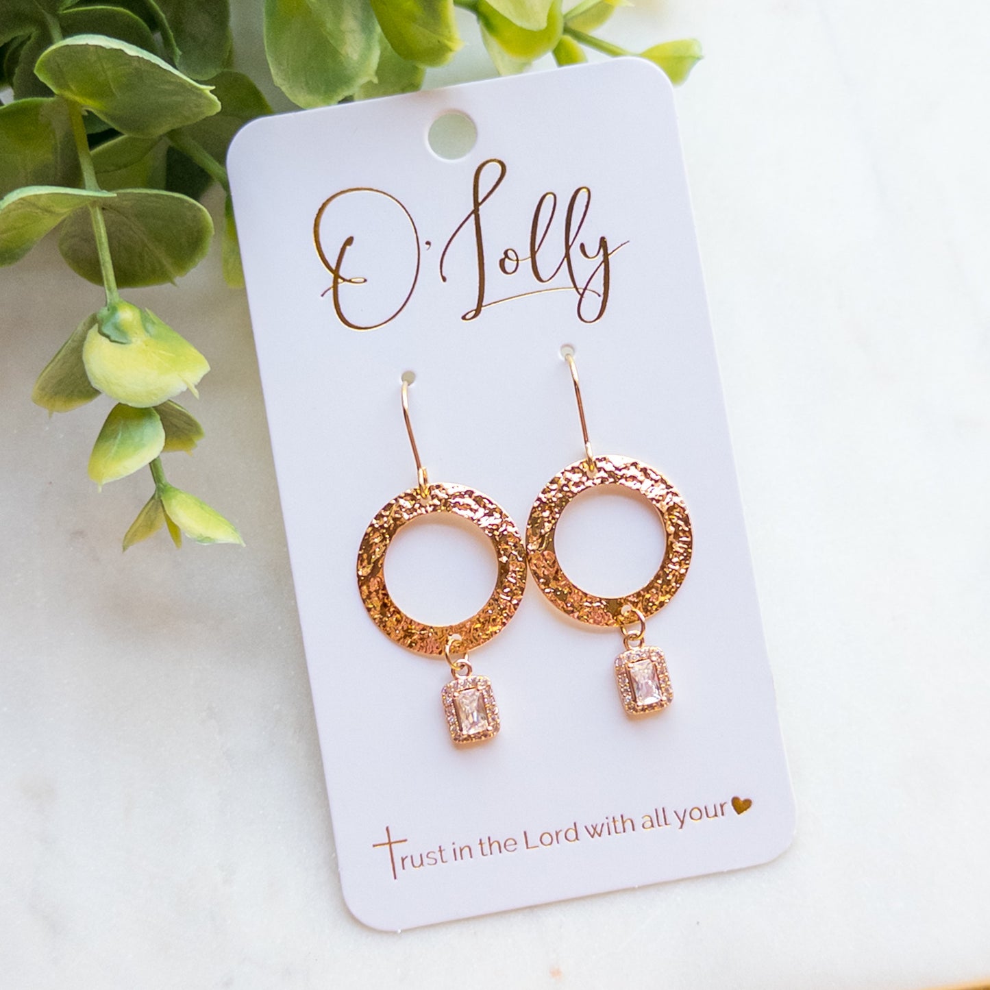 GoldTextured Open Circle w/Cubic Zirconia Rectangle Dangle Earrings “Sassy”