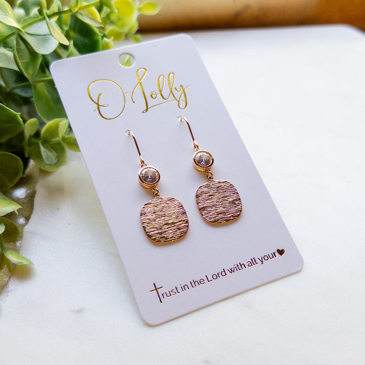 Gold Textured Square Dangle Earrings with Cubic Zirconia – Minimalist Gold Earrings “Celeste”
