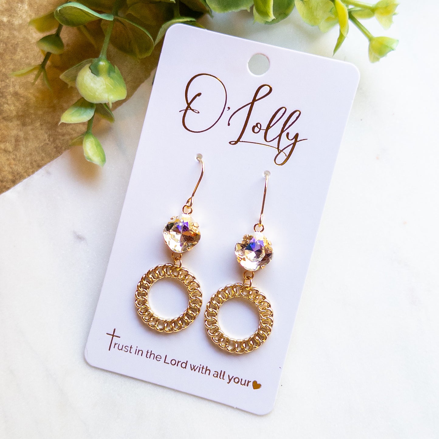 Gold Crystal & Textured Circle Dangle Earrings “Lux”