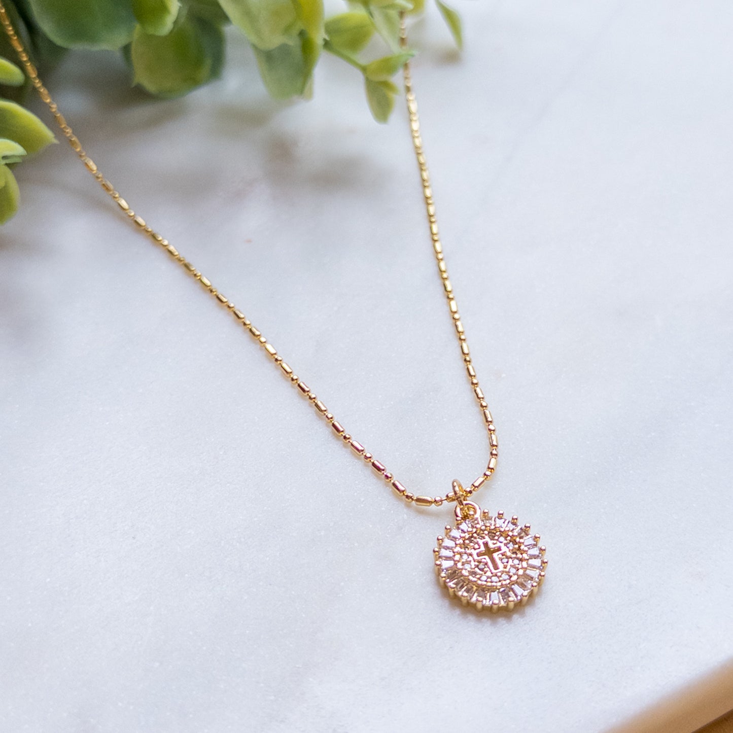 Cubic Zirconia Pave Circle Open Cross Charm w/18k Gold Plated Chain Necklace