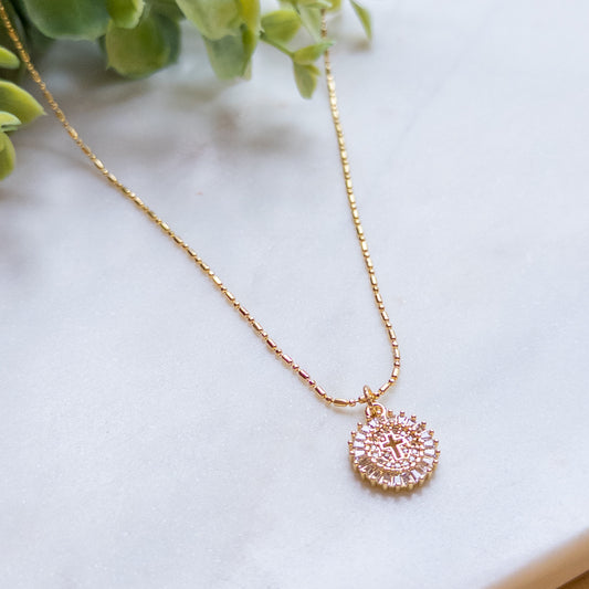 Cubic Zirconia Pave Circle Open Cross Charm w/18k Gold Plated Chain Necklace