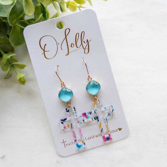 Acrylic Multicolored Flower Open Cross Dangle w/Blue Stone “Maylee”