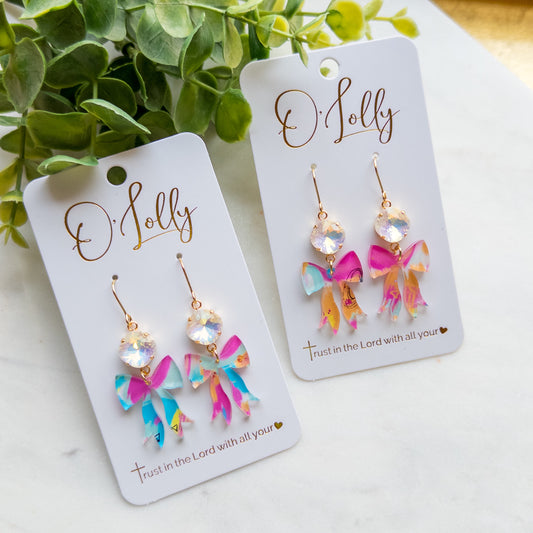 White AB Stone w/Multicolored Acrylic Bow “Linden”