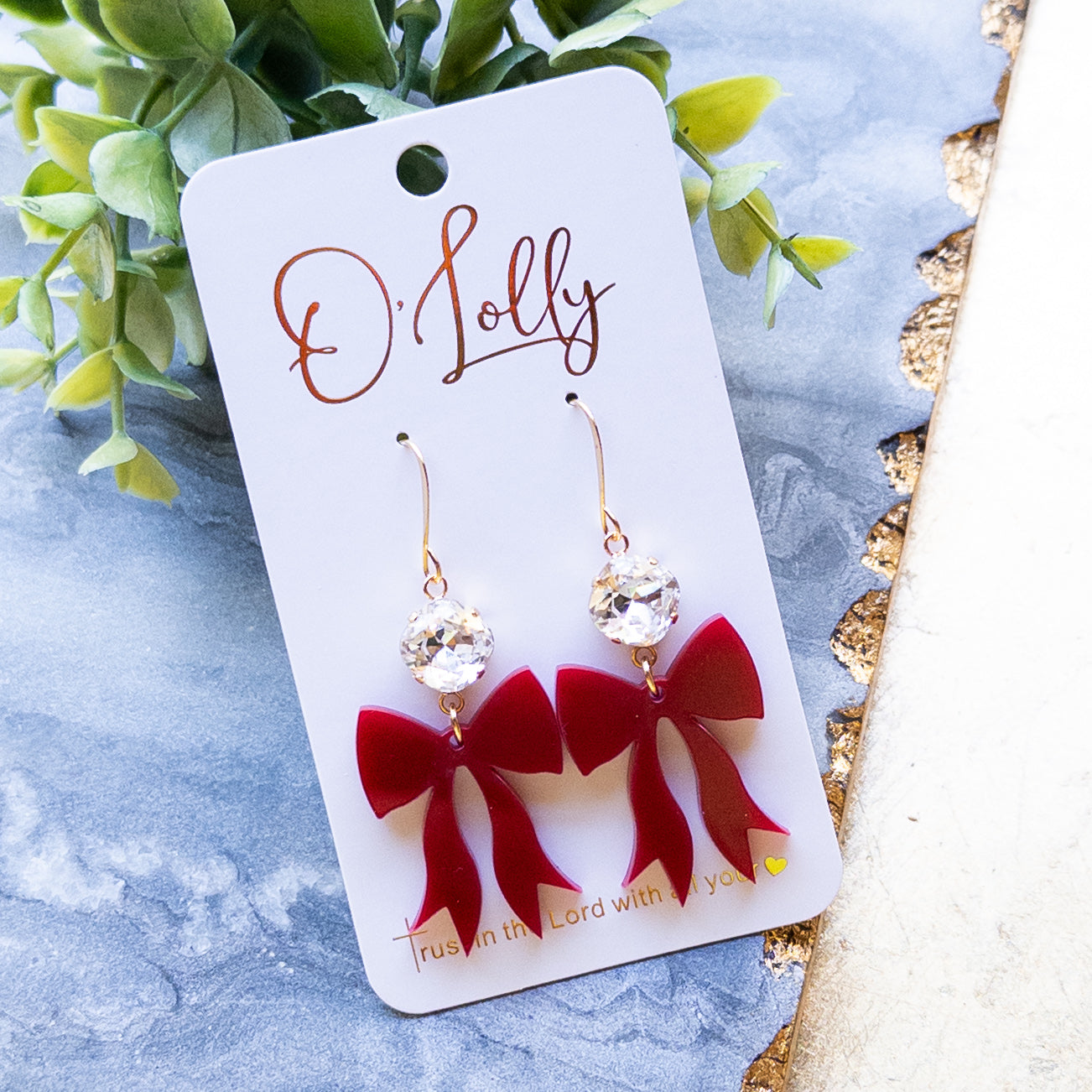 Dark Red Acrylic Bow w/Clear Stone Earrings