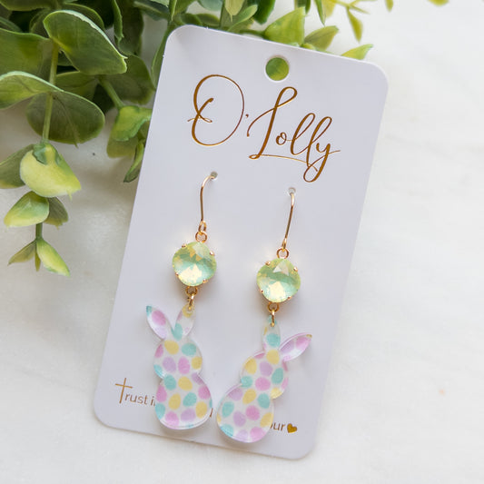 Multicolored Egg Print Acrylic Earrings w/Green Stone - Easter 2