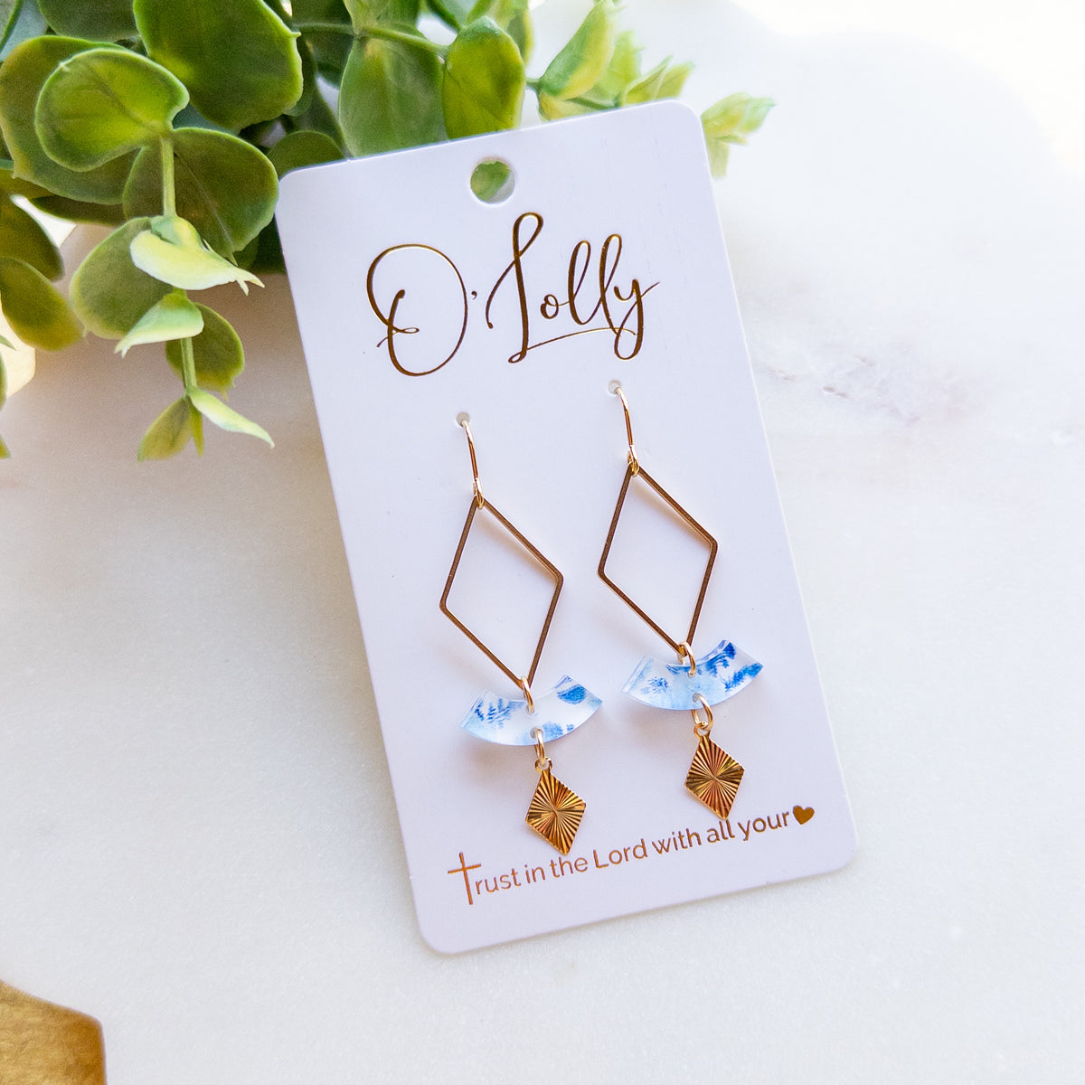 Gold Blue Floral Geometric Drop Earrings “Bess”