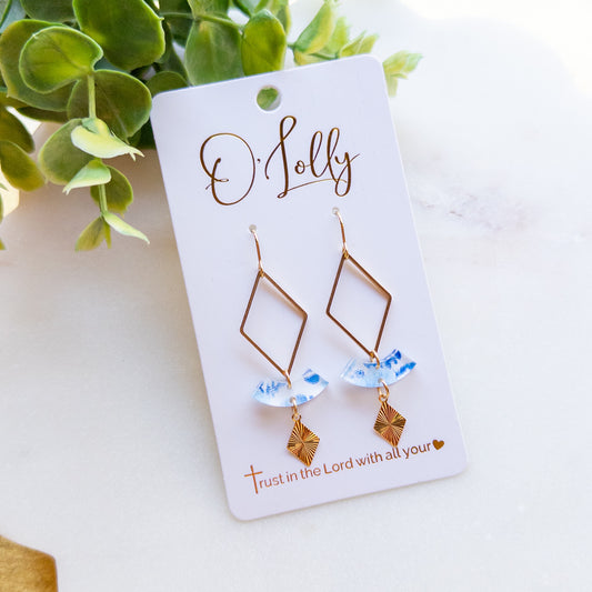 Gold Blue Floral Geometric Drop Earrings “Bess”