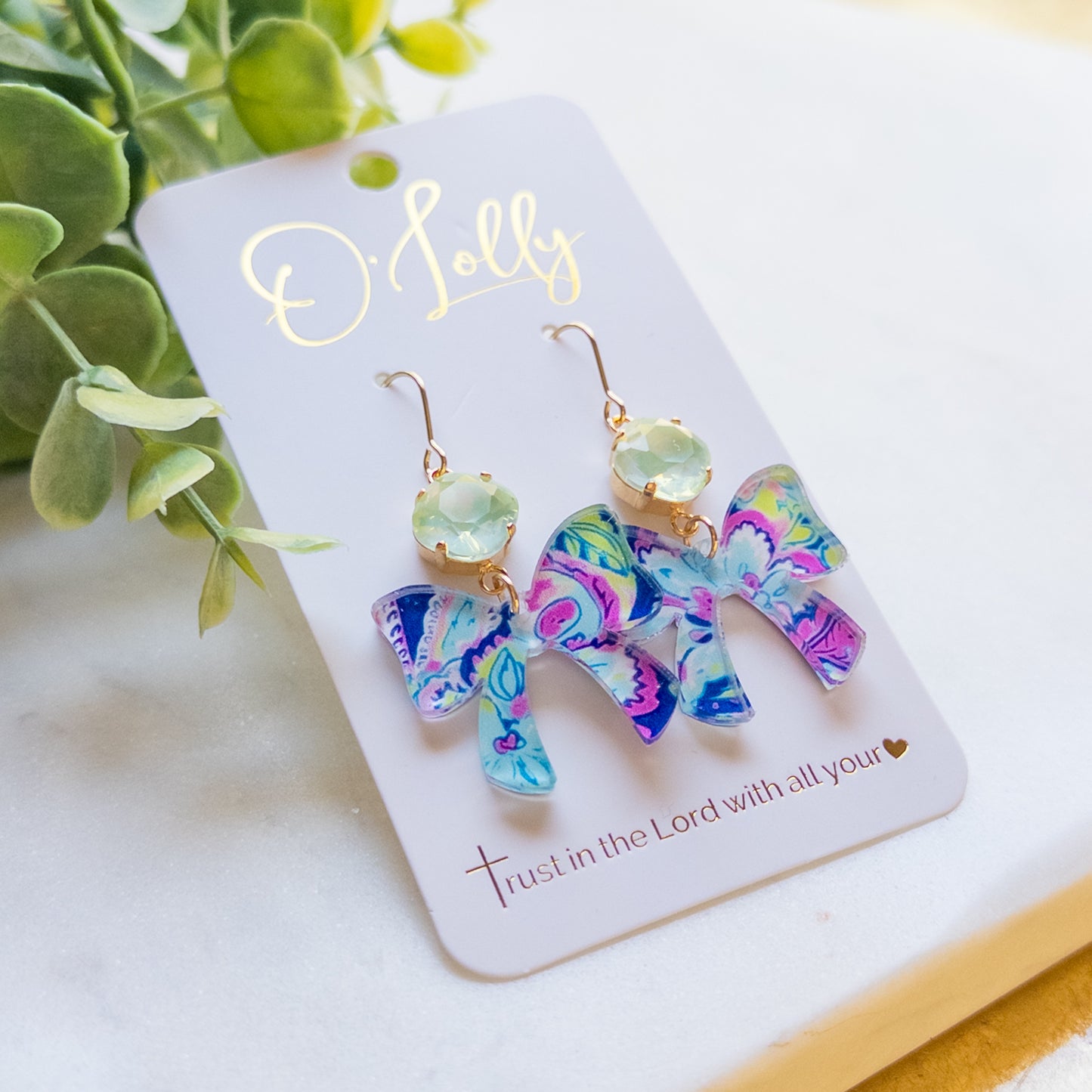 Multicolored Acrylic Bow w/Light Green Stone Dangle Earrings “Bianca”