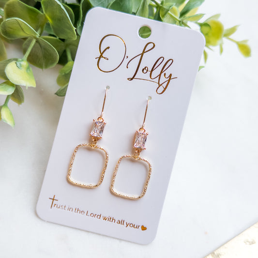 Clear Glass Connector w/Textured Open Rectangle Dangle Earrings- Lilith