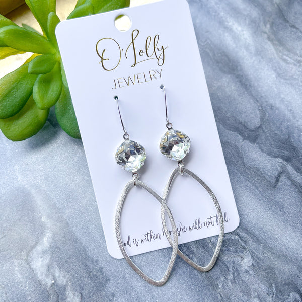 O’Lolly “Natalie” Earrings - Clear Stone w/Silver Open Leaf Dangle