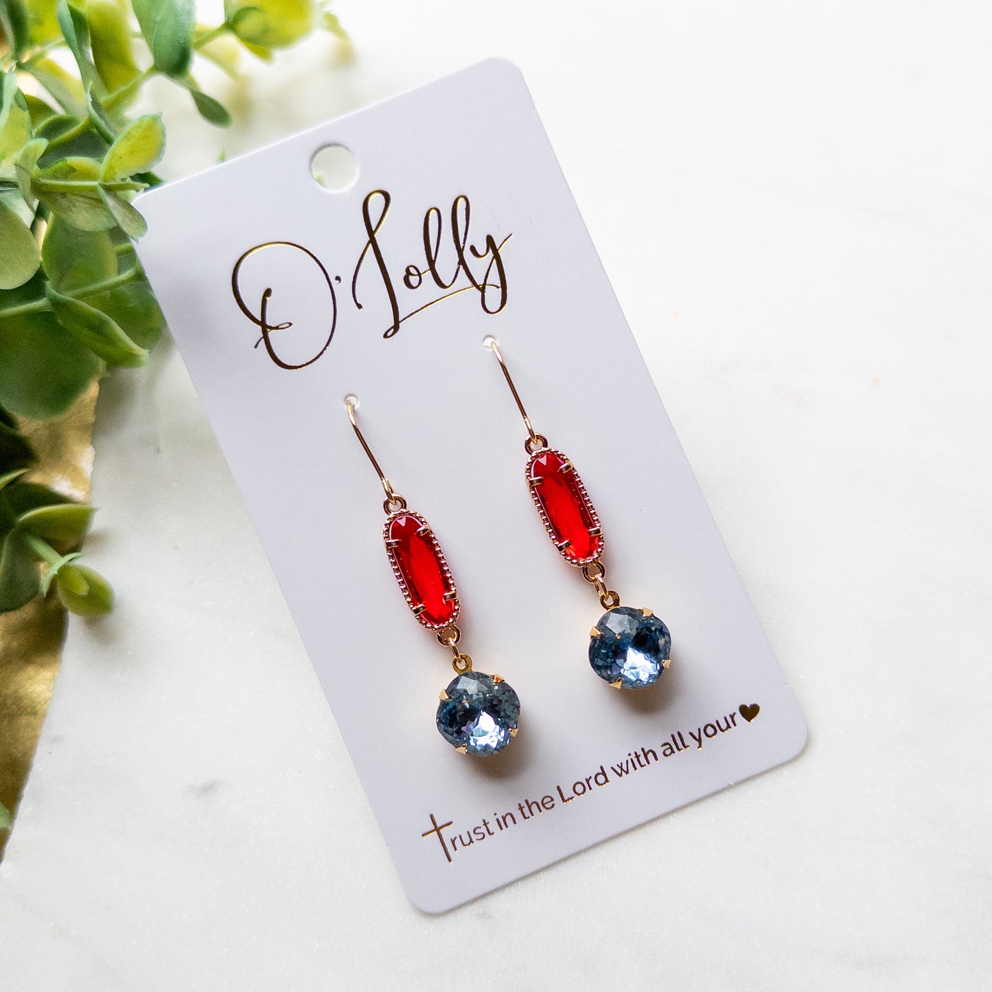 Red & Blue Crystal Drop Earrings | Gold-Tone Dangle Earrings “Scarlett”