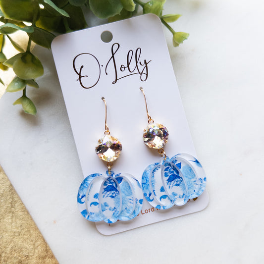 Blue & White Pumpkin Earrings w/Clear ML Stone